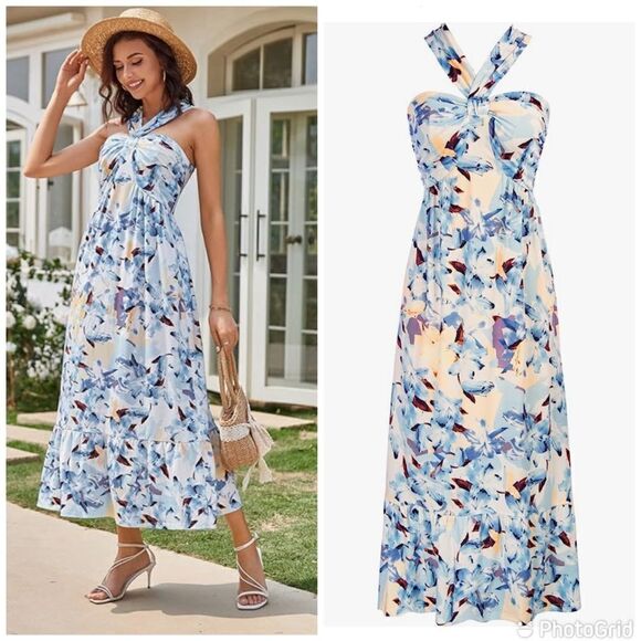 GRACE KARIN Criss Cross Halterneck Sleeveless Summer Floral Flowy A Line Dress - Picture 2 of 13